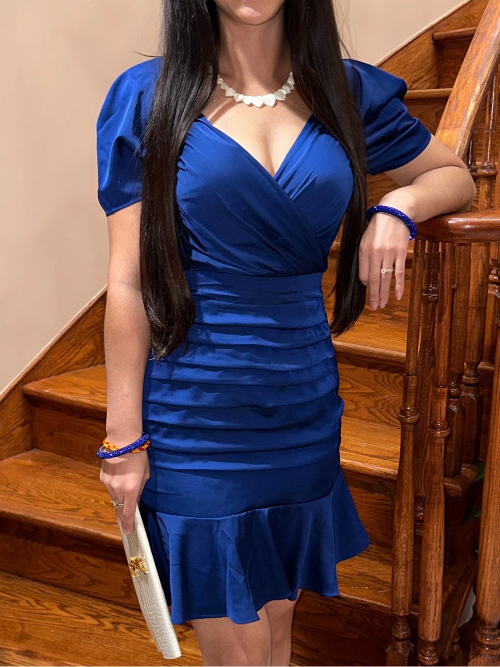 Express Royal Blue Puff-Sleeve Ruffled-Hem Mini Dress